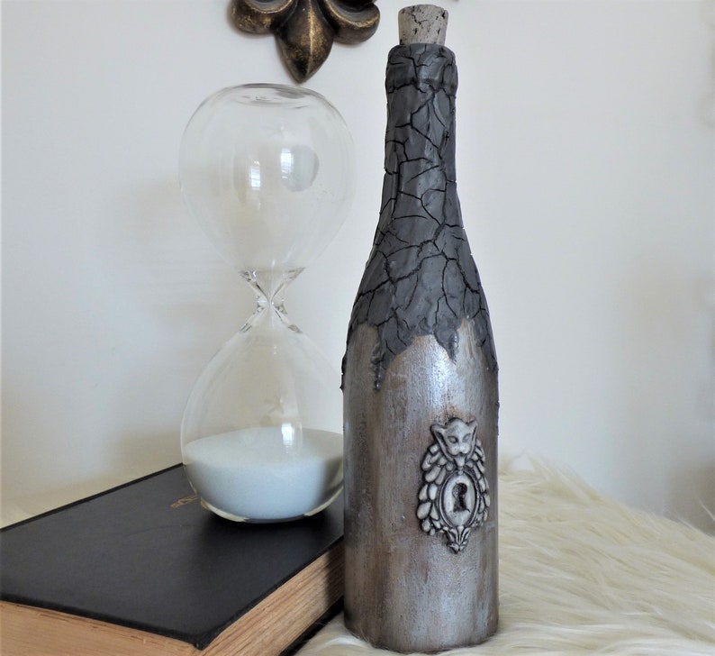 Repurposed Bottle Gargoyle Keyhole Distressed Fantasy Altered Bottle Decorative Bottle Gothic Mixed Media