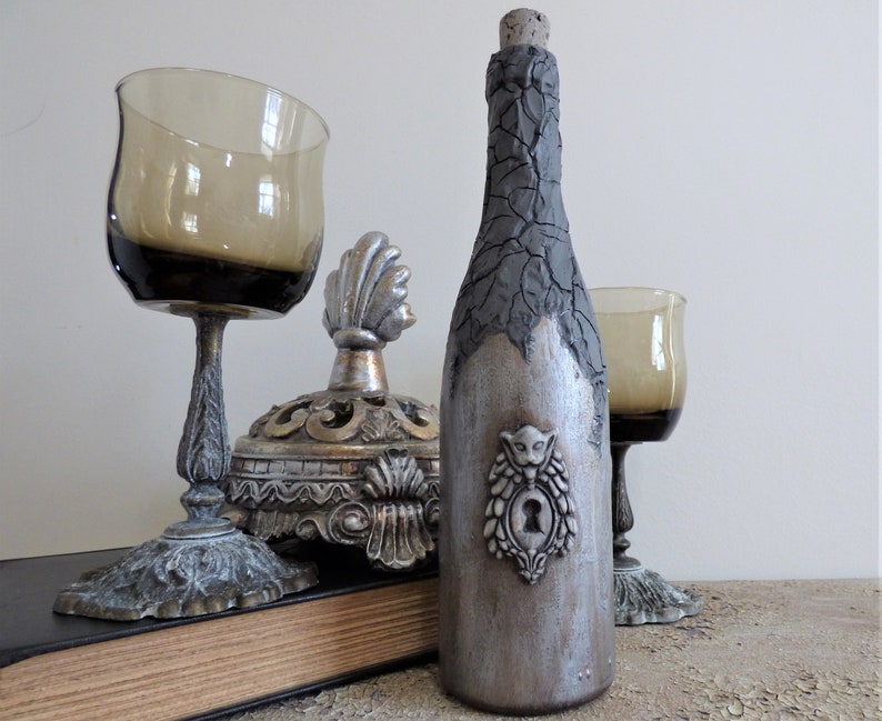Repurposed Bottle Gargoyle Keyhole Distressed Fantasy Altered Bottle Decorative Bottle Gothic Mixed Media