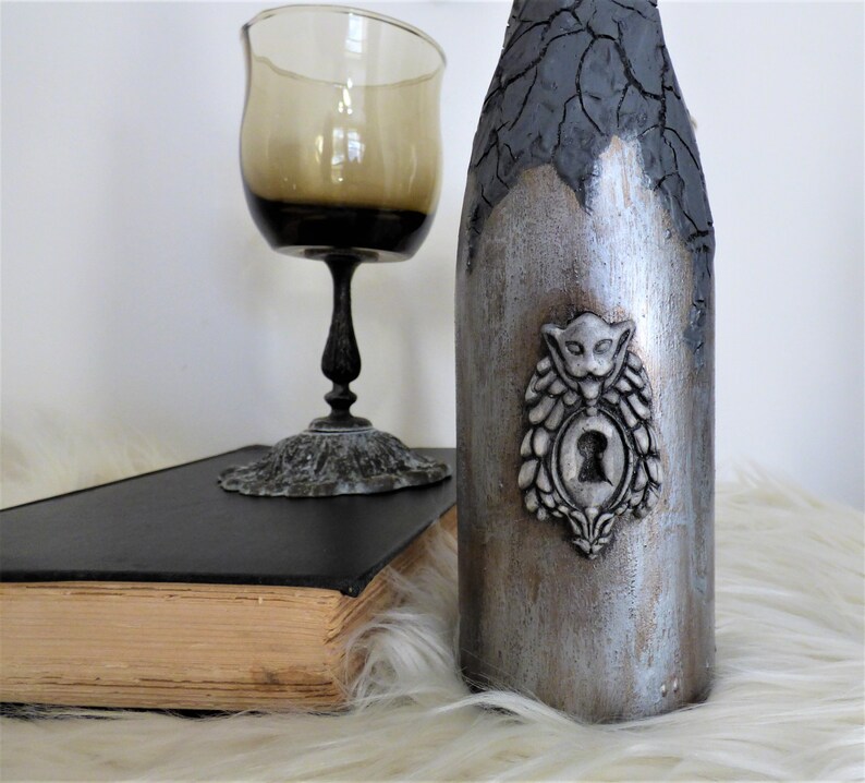 Repurposed Bottle Gargoyle Keyhole Distressed Fantasy Altered Bottle Decorative Bottle Gothic Mixed Media