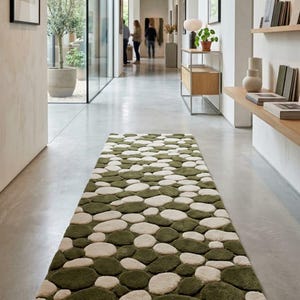 Tapis moderne en laine touffeté à la main avec galets, tapis de luxe à motif pierre, tapis de passage minimaliste vert crème, décoration d'intérieur