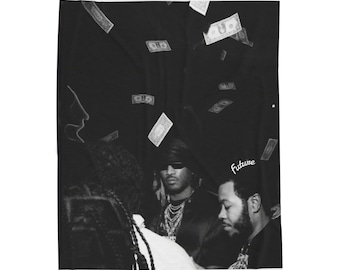 May include: Black and white photo of three people, two men and one woman, with money falling around them. The text "Future" is visible in the image.