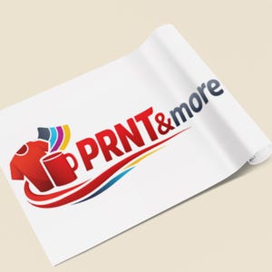 May include: A white sheet with the logo "PRNT&more" printed on it. The logo features a red t-shirt, a red mug, and the text "PRNT&more" in red and dark blue. A red and blue swoosh underlines the text.