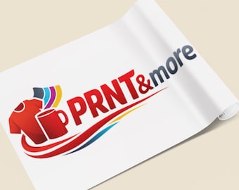 May include: A white sheet with the logo "PRNT&more" printed on it. The logo features a red t-shirt, a red mug, and the text "PRNT&more" in red and dark blue. A red and blue swoosh underlines the text.