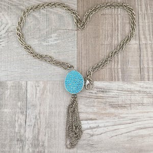 Vintage Faux Turquoise Pendant, Silver-tone Dangling Tassels in Rope Chain **UNSIGNED** | 33&quot; | Rustic, Cowgirl, Southern, Costume Jewelry