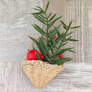 OOAK Vintage Handwoven Basket Brooch, Faux Red Berries and Pine | 2.188&quot; x 4.5&quot; | Handcrafted, Christmas, Cottagecore, Mixed Media