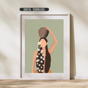 May include: Digital download art print featuring a stylized illustration of a person with long brown hair adorned with white flowers. A brown pot is balanced on the head. The background is a light green color with a subtle pattern, framed in white.