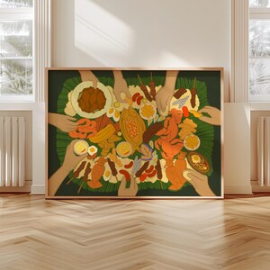 May include: A framed art print depicting a colorful illustration of a Filipino boodle fight. The artwork showcases various dishes, including grilled meats, seafood, and rice, arranged on a banana leaf, with hands reaching in to eat.