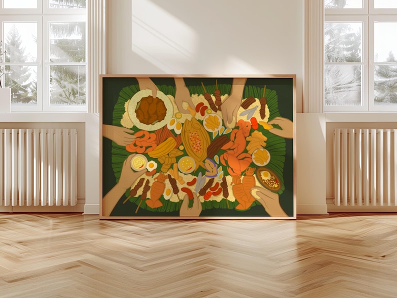 May include: A framed art print depicting a colorful illustration of a Filipino boodle fight. The artwork showcases various dishes, including grilled meats, seafood, and rice, arranged on a banana leaf, with hands reaching in to eat.