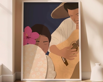 May include: A framed wall art print featuring a stylized illustration of two figures. One figure wears a wide-brimmed hat and plays a light-colored acoustic guitar. The other figure has a large pink hibiscus flower tucked behind their ear.
