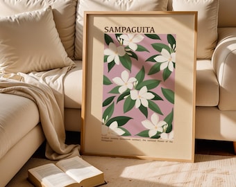 May include: A framed art print featuring a floral pattern of white sampaguita flowers and green leaves on a pink background. The word "Sampaguita" is at the top. The print is displayed in a light-colored wooden frame.