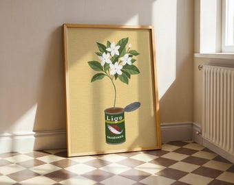 May include: A framed rectangular print on a yellow textured background featuring a green Ligo sardines can with a silver lid. A single thin green stem emerges from the open can, topped with a cluster of white flowers and green leaves.