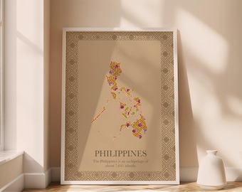 Carte des Philippines avec motif ethnique, art mural philippin beige, décoration de bureau à domicile, art de la culture Pinoy, affiche imprimable de carte, oeuvre d'art originale,