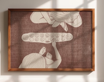 May include: A framed print featuring an illustration of two figures playing a board game. The artwork is in shades of brown and beige, with a focus on the game board and the players' hands. The game board has circular indentations.
