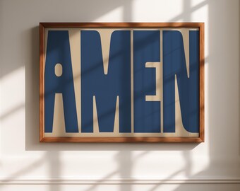 アーメンのウォールアート（印刷可能）、キリスト教のタイポグラフィプリント、聖書の一節を題材にしたミニマリストポスター、宗教的な室内装飾、すぐにダウンロード可能