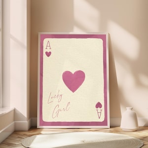 The Ace of Hearts, Pink Lucky Girl Wall Art , Playing Card Poster, Aesthetic Print, Retro Wall Aft, Water color Wall Art, Pink lover art