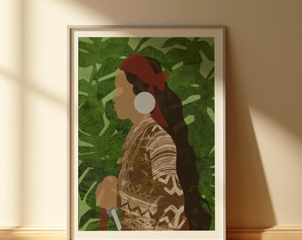 May include: Framed art print featuring a side profile of a person in traditional attire. The person wears a red headscarf, large white earring, and a patterned brown and white garment. The background is a green leafy pattern.