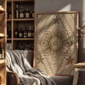 Philippines Tribal Tattoo Pattern Three Star And A Sun Printable Wall Art, Filipino Wall Decor, Pinoy Heritage and Culture Art, Batok Tattoo