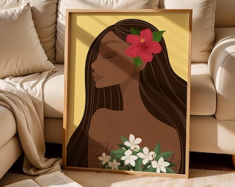 May include: A framed art print featuring a woman with dark skin and long, dark hair. A red hibiscus flower adorns her hair. White flowers and green leaves are at the bottom. The background is yellow.