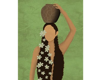 May include: An artistic print featuring a woman with long brown hair and a brown pot balanced on her head. White flowers are placed over her face and in her hair. The background is a textured green.