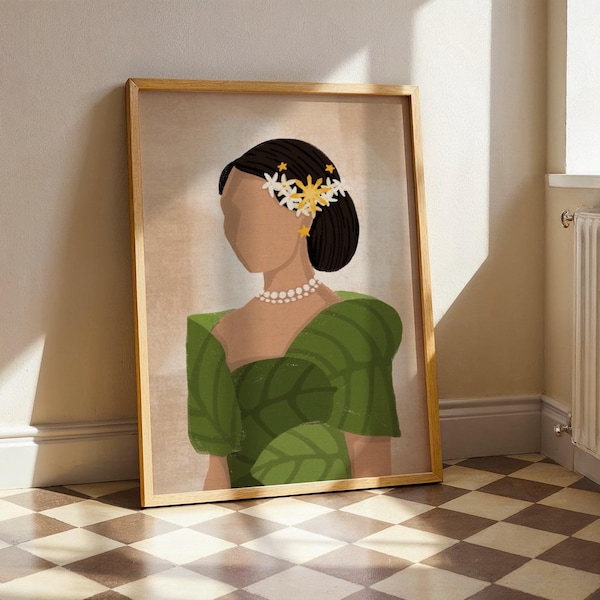 Póster de niña filipina, arte mural, póster de tres estrellas y sol de Filipinas, retrato floral de Sampaguita, impresiones artísticas satinadas de herencia filipina, regalo