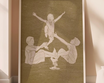 May include: A framed art print featuring a line drawing of three children playing. One child is jumping in the air, arms raised, while the other two appear to be supporting the jumper. The artwork is in shades of beige and brown.