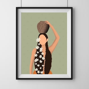 May include: Art print featuring a stylized illustration of a person carrying a brown pot on their head. The person has long brown hair adorned with white flower accents. The background is a light green color with a subtle pattern.