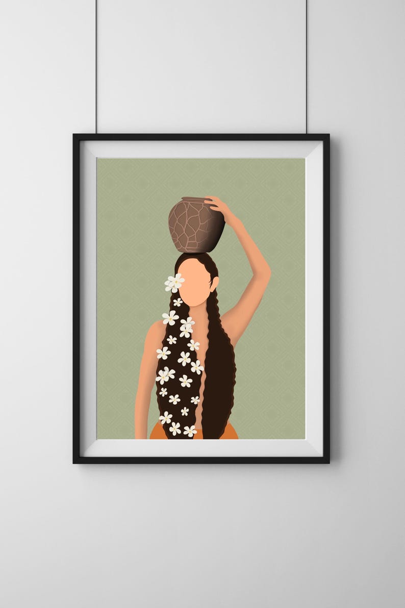 May include: Art print featuring a stylized illustration of a person carrying a brown pot on their head. The person has long brown hair adorned with white flower accents. The background is a light green color with a subtle pattern.