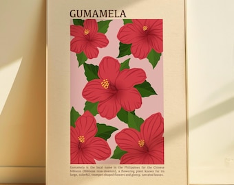 May include: A rectangular wall art print featuring the word GUMAMELA at the top and a botanical illustration of five red hibiscus flowers with green leaves on a light pink background. Text at the bottom describes the plant in English.