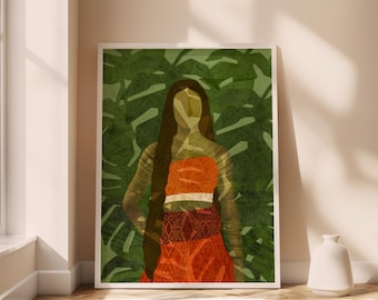 Op de afbeelding: Kunstafdruk met een gestileerde illustratie van een persoon in traditionele kleding. De figuur is in oranje en rood, met lang bruin haar. De achtergrond is een collage van groene bladeren, wit omlijst.