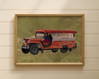 Plakat z ilustracją Jeepney z satyny | Filipiński wydruk artystyczny Jeepney, dekoracja ścienna w stylu retro