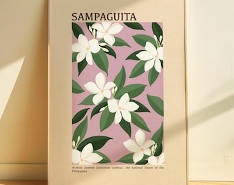 Filipińska Narodowa Sampaguita Kwiatowa, filipiński plakat do druku, prezent dla filipińskich przyjaciół i rodziny, kwiatowa sztuka ścienna, pobieranie cyfrowe