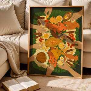May include: A framed art print depicting a colorful illustration of a Filipino feast. The artwork features various dishes, including grilled meats, seafood, and side dishes, arranged on a green banana leaf. Several hands are reaching towards the food.