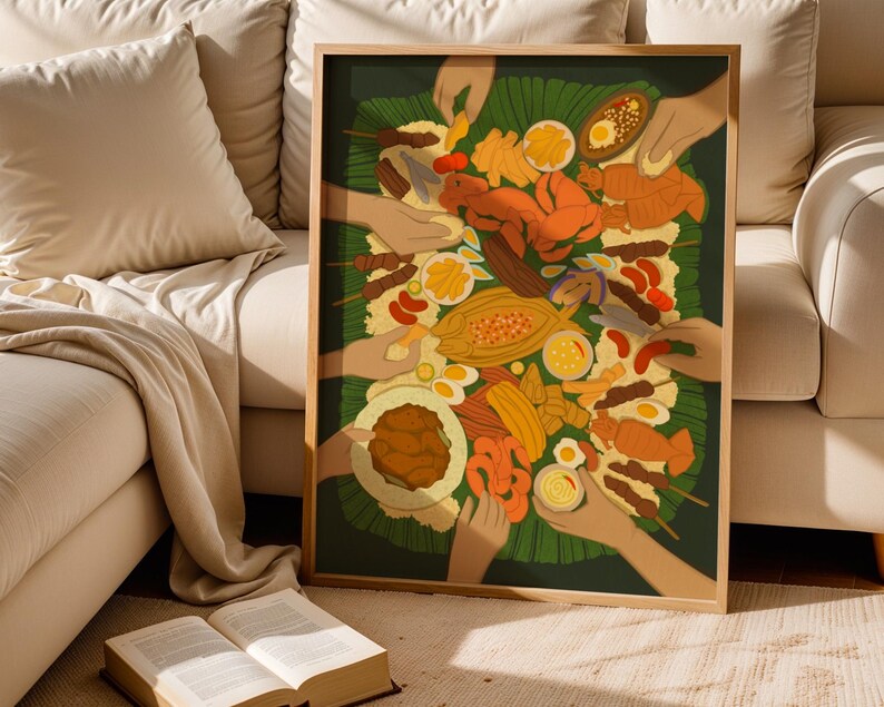May include: A framed art print depicting a colorful illustration of a Filipino feast. The artwork features various dishes, including grilled meats, seafood, and side dishes, arranged on a green banana leaf. Several hands are reaching towards the food.
