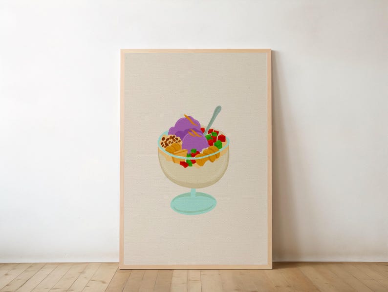 May include: A framed print featuring a colorful illustration of a halo-halo dessert. The dessert is in a clear glass bowl with a light blue base and includes purple ice cream, fruit, and other toppings. The background is a neutral beige.