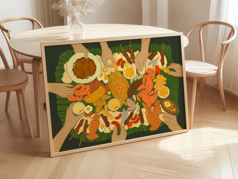 May include: A framed art print depicting a colorful illustration of a shared meal. The artwork features various dishes, including skewers, eggs, and fruit, arranged on a green leaf. Hands reach in to serve themselves, creating a sense of community and sharing.
