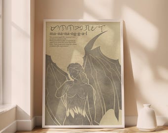 May include: A beige poster with a black and white illustration of a winged figure with a text overlay that reads "ma-na-na-ng-g-a-l" and "The manananggal (lit. "remover" 18c-4) is a mythical creature in Philippine folklore. They are able to separate the upper torso from the lower part of its body. Their fangs and what give them a vampire-like appearance."