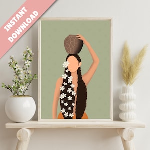 May include: Digital art print of a woman with long brown hair adorned with white flowers, carrying a brown pot on her head. The background is a light green with a subtle pattern. The words "INSTANT DOWNLOAD" are in a pink banner in the upper left corner.