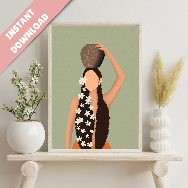 May include: Digital art print of a woman with long brown hair adorned with white flowers, carrying a brown pot on her head. The background is a light green with a subtle pattern. The words "INSTANT DOWNLOAD" are in a pink banner in the upper left corner.