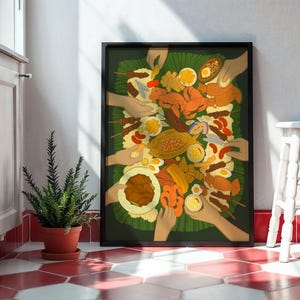 May include: A framed art print depicting a colorful Filipino boodle fight. The illustration shows various dishes like grilled meats, seafood, and eggs, arranged on a banana leaf, with hands reaching in. The artwork is set against a white wall.