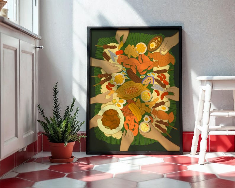 May include: A framed art print depicting a colorful Filipino boodle fight. The illustration shows various dishes like grilled meats, seafood, and eggs, arranged on a banana leaf, with hands reaching in. The artwork is set against a white wall.