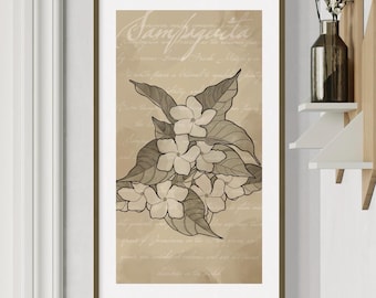 Grafika ścienna z motywem kwiatowym Sampaguita Line Art, filipiński plakat z kwiatami narodowymi, filipiński wystrój domu, sztuka do salonu, cyfrowa dekoracja ścienna