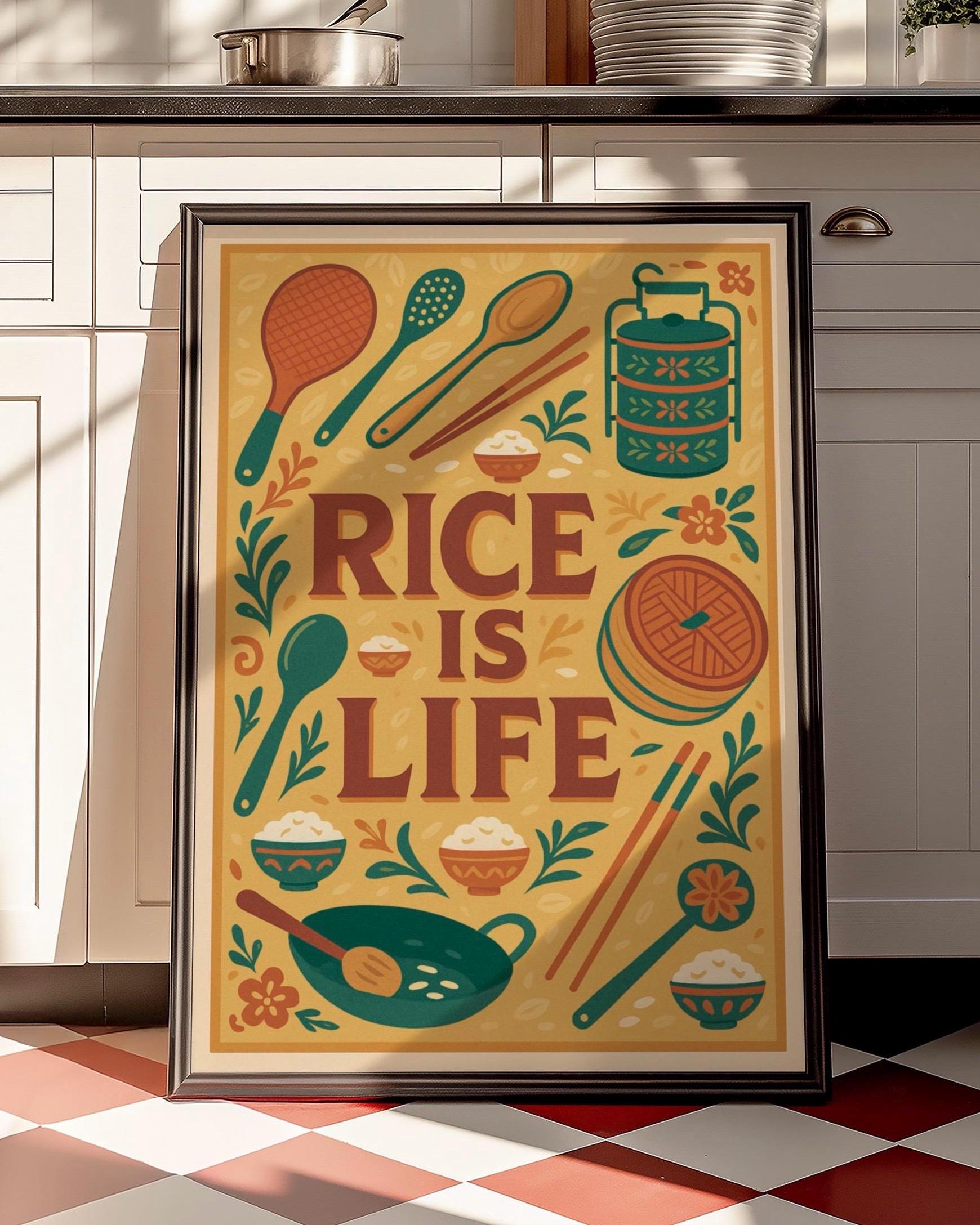 Rice is Life Retro Asian Art Print: Trendy Kitchen Decor (digital