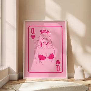 Pin up Girl Queen of Hearts Playing Card Wall Art , Pink Girl Room Dorm Decor, Printable Poster, Apartment Room Decor Retro Aesthetic Funky