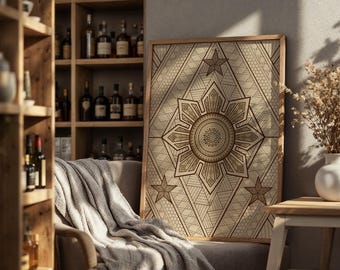 Poster, Philippines Tribal Three Star And A Sun, Perfect Gift for Filipino Family and Friends, Filipino Tradition and Heritage Print, Satin