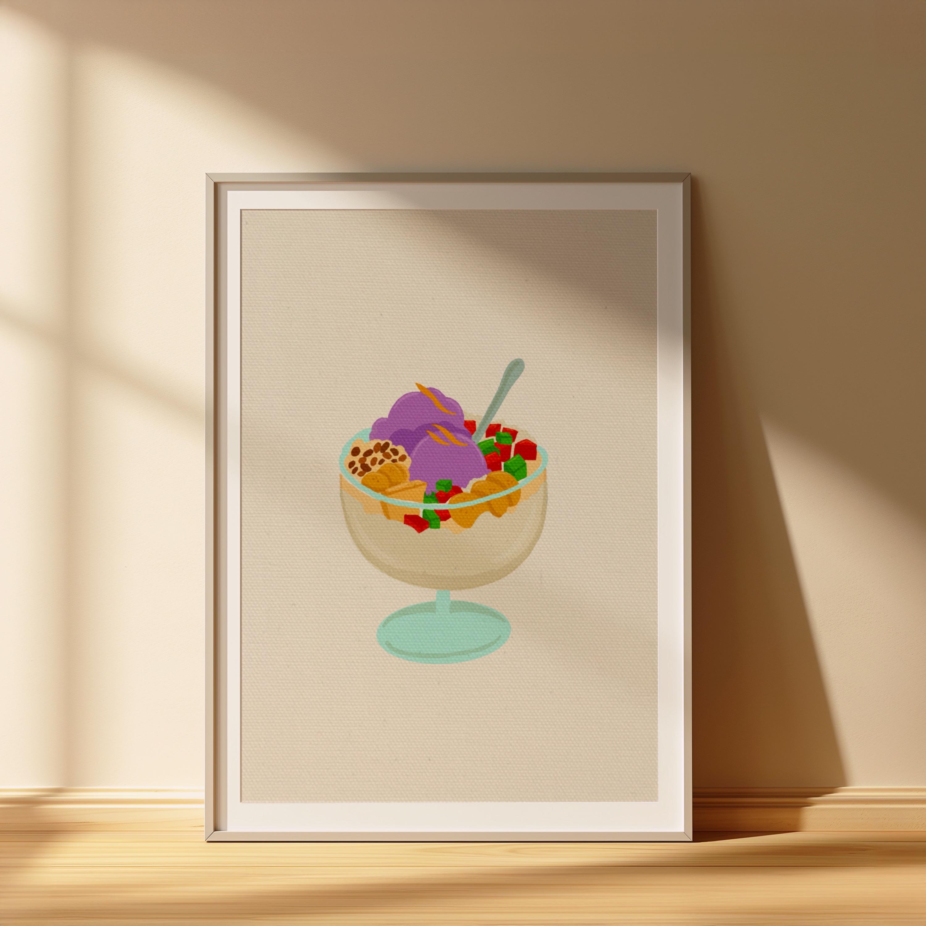 May include: Illustration of a framed dessert. The dessert is in a clear glass with a light blue stem. It features purple ice cream, colorful fruit, and a spoon. The background is a light beige color.