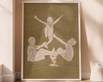 May include: A framed print featuring a line drawing of three children playing. Two children are seated, supporting a third child who is jumping in the air with arms outstretched. The artwork is in shades of beige and brown.