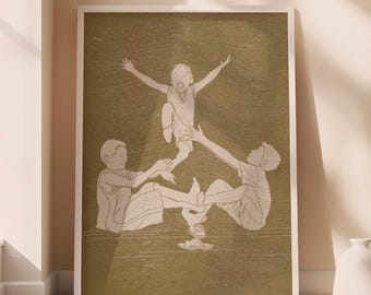 May include: A framed print featuring a line drawing of three children playing. Two children are seated, supporting a third child jumping in the air. The artwork is in a neutral color palette, with a textured background.