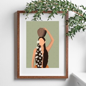 May include: Art print of a woman with long, dark hair adorned with white flowers, carrying a brown pot on her head. The illustration is set against a muted green background and framed in a wooden frame.