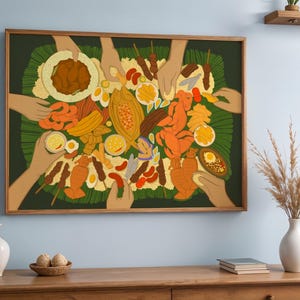 May include: A framed illustration depicts a communal meal with various dishes, including shrimp, skewers, and eggs, arranged on a green leaf. Several hands reach for the food, creating a sense of sharing and togetherness. The artwork is set against a light blue wall.