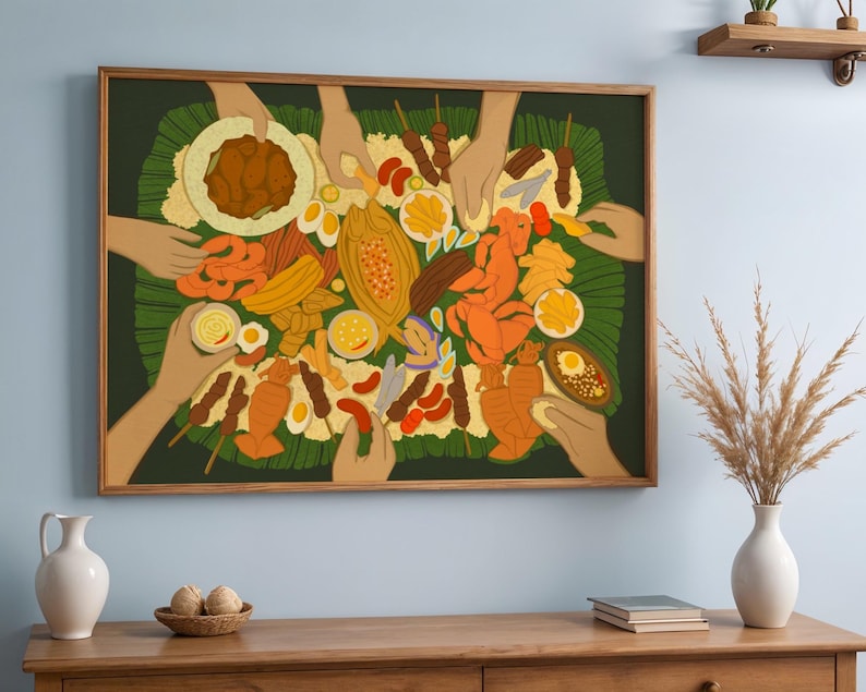 May include: A framed illustration depicts a communal meal with various dishes, including shrimp, skewers, and eggs, arranged on a green leaf. Several hands reach for the food, creating a sense of sharing and togetherness. The artwork is set against a light blue wall.